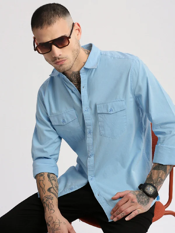 Men's Wrinkle - Resistant Polyester Blend Casual Shirts for Easy Travel and MaintenanceMen Spread Collar Solid Blue Casual Shirt Men's Wrinkle - Resistant Polyester Blend Casual Shirts for Easy Travel and MaintenanceMen Spread Collar Solid Blue Casual Shirt