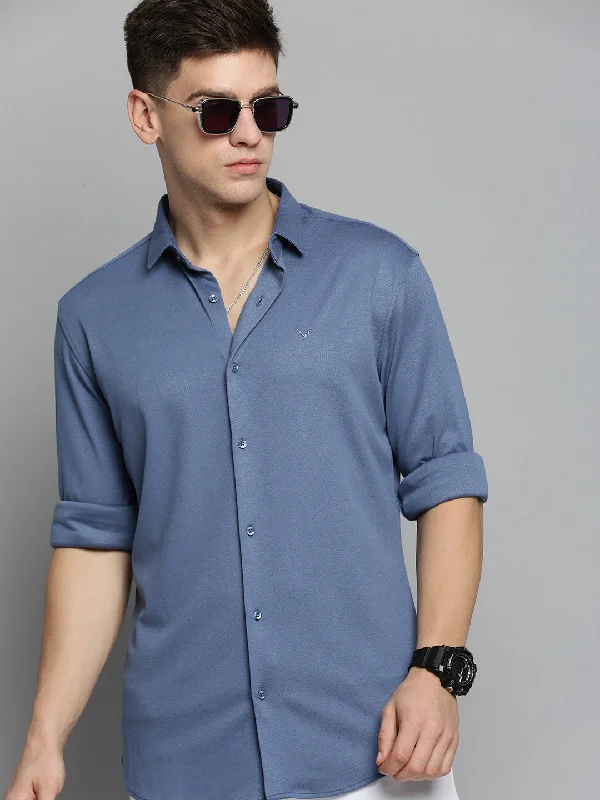 Plus Size Men's Striped Chambray Casual Shirts with a Spread Collar for a Preppy AppearanceMen Blue Solid Casual Shirt Plus Size Men's Striped Chambray Casual Shirts with a Spread Collar for a Preppy AppearanceMen Blue Solid Casual Shirt