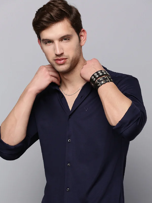 Men's Linen Blend Casual Shirts with Roll - Up Sleeves for a Summer Beach LookMen Navy Solid Casual Shirt Men's Linen Blend Casual Shirts with Roll - Up Sleeves for a Summer Beach LookMen Navy Solid Casual Shirt