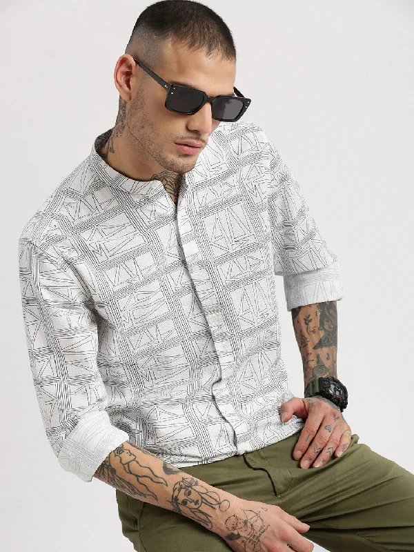 Men's Sustainable Recycled Material Casual Shirts for Eco - Conscious ConsumersMen Mandarin Collar Geometric White Casual Shirt Men's Sustainable Recycled Material Casual Shirts for Eco - Conscious ConsumersMen Mandarin Collar Geometric White Casual Shirt