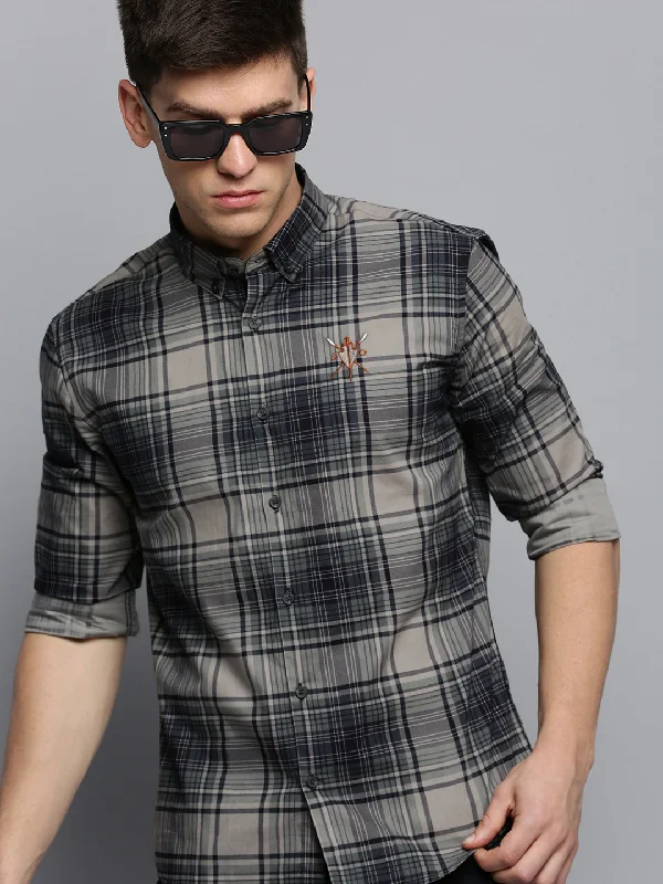 Plus Size Men's Striped Chambray Casual Shirts with a Spread Collar for a Preppy AppearanceMen Grey Checked Casual Shirt Plus Size Men's Striped Chambray Casual Shirts with a Spread Collar for a Preppy AppearanceMen Grey Checked Casual Shirt