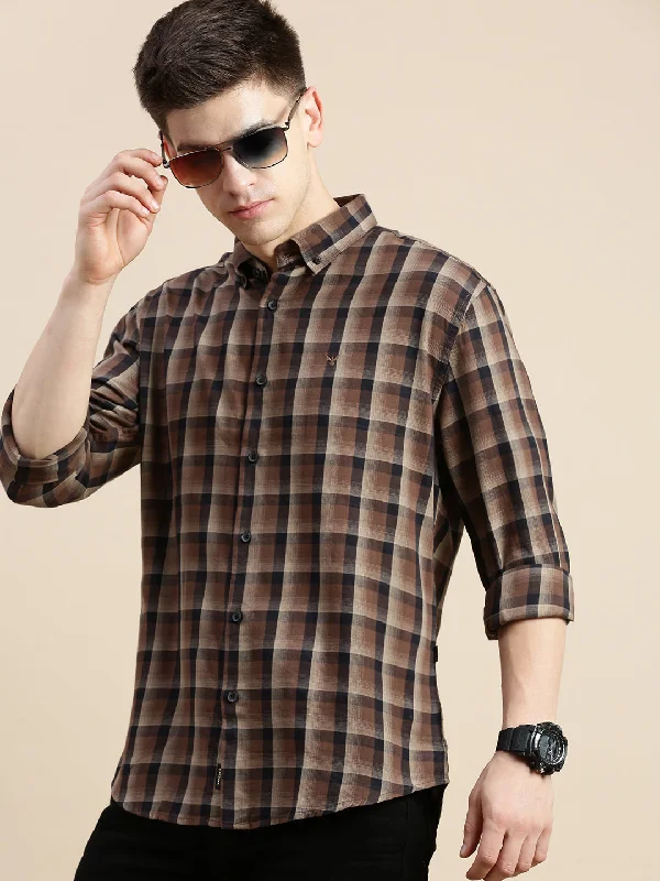 Plus Size Men's Striped Chambray Casual Shirts with a Spread Collar for a Preppy AppearanceMen Brown Checked Casual Shirt Plus Size Men's Striped Chambray Casual Shirts with a Spread Collar for a Preppy AppearanceMen Brown Checked Casual Shirt