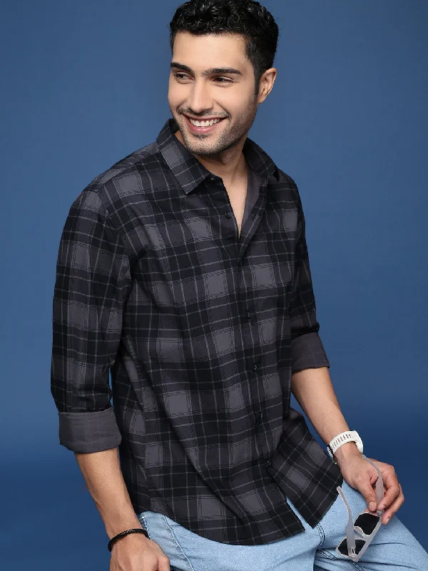 Men's Long - Line Oversized Casual Shirts in Dark Gray for a Relaxed and Modern LookMen Checked Grey Slim Fit Shirt Men's Long - Line Oversized Casual Shirts in Dark Gray for a Relaxed and Modern LookMen Checked Grey Slim Fit Shirt