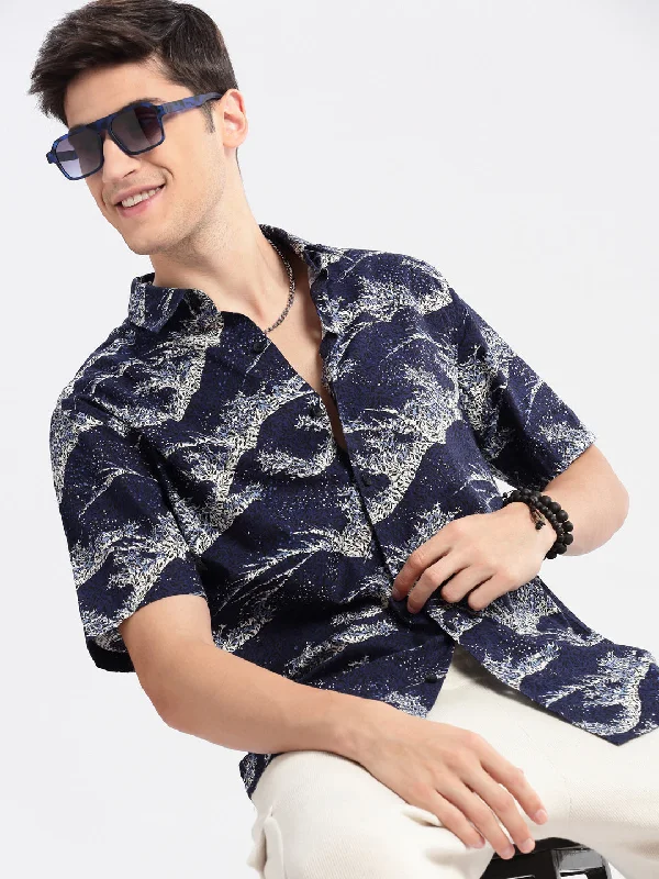Men's Thermal - Lined Casual Shirts in Black for Added Warmth in Cold WeatherMen Spread Collar Floral Navy Blue Casual Shirt Men's Thermal - Lined Casual Shirts in Black for Added Warmth in Cold WeatherMen Spread Collar Floral Navy Blue Casual Shirt