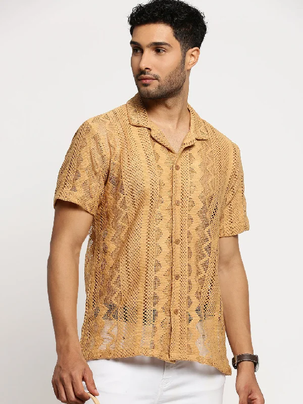 Men's Moisture - Wicking Performance Fabric Casual Shirts for Outdoor ActivitiesMen Beige Cuban Collar Solid Crochet Shirt Men's Moisture - Wicking Performance Fabric Casual Shirts for Outdoor ActivitiesMen Beige Cuban Collar Solid Crochet Shirt