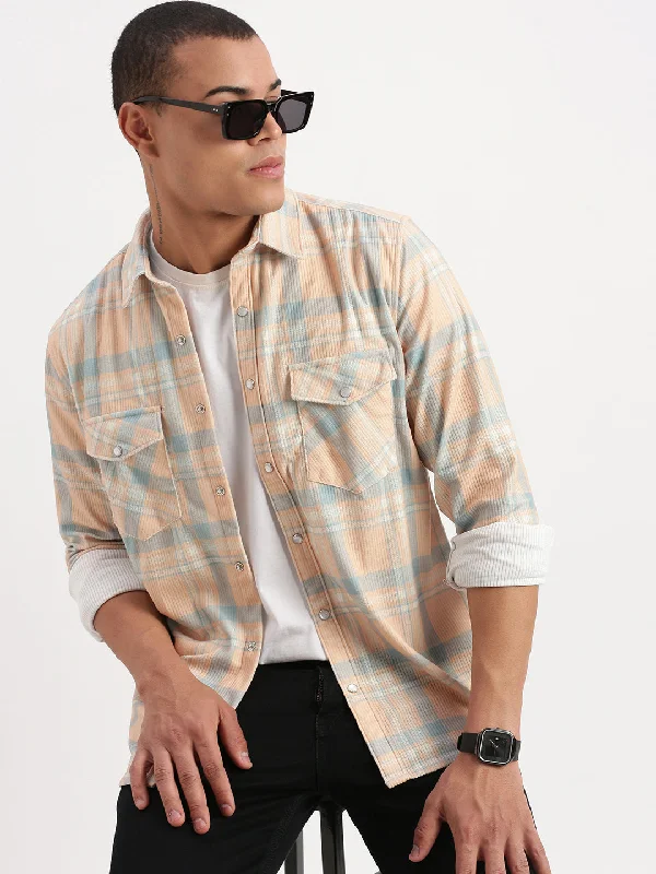 Men's Linen Blend Casual Shirts with Roll - Up Sleeves for a Summer Beach LookMen Tartan Checks Orange Shirt Men's Linen Blend Casual Shirts with Roll - Up Sleeves for a Summer Beach LookMen Tartan Checks Orange Shirt