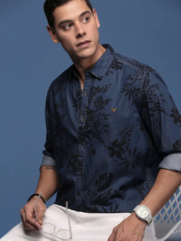 Men's Linen Blend Casual Shirts with Roll - Up Sleeves for a Summer Beach LookMen Floral Navy Blue Slim Fit Shirt Men's Linen Blend Casual Shirts with Roll - Up Sleeves for a Summer Beach LookMen Floral Navy Blue Slim Fit Shirt