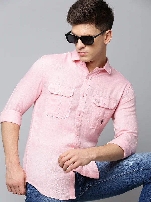 Men's Distressed Denim Casual Shirts with Frayed Edges for a Trendy and Rugged LookMen Spread Collar Self Design Peach Shirt Men's Distressed Denim Casual Shirts with Frayed Edges for a Trendy and Rugged LookMen Spread Collar Self Design Peach Shirt
