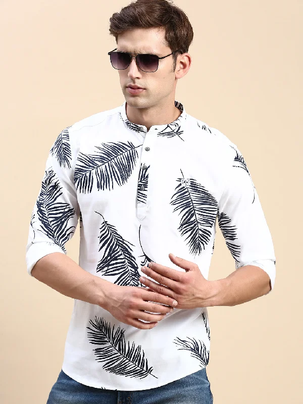 Men's Short - Sleeve Linen Casual Shirts in Light Khaki for a Breathable Summer OptionMen Mandarin Collar Printed White Straight Shirt Men's Short - Sleeve Linen Casual Shirts in Light Khaki for a Breathable Summer OptionMen Mandarin Collar Printed White Straight Shirt