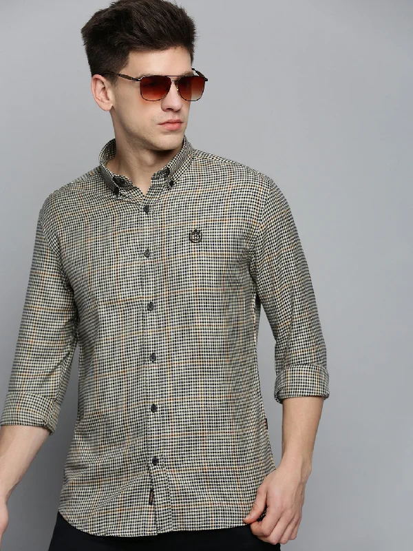 Men's Embroidered Detail Casual Shirts in Beige for a Touch of EleganceMen Beige Checked Casual Shirt Men's Embroidered Detail Casual Shirts in Beige for a Touch of EleganceMen Beige Checked Casual Shirt