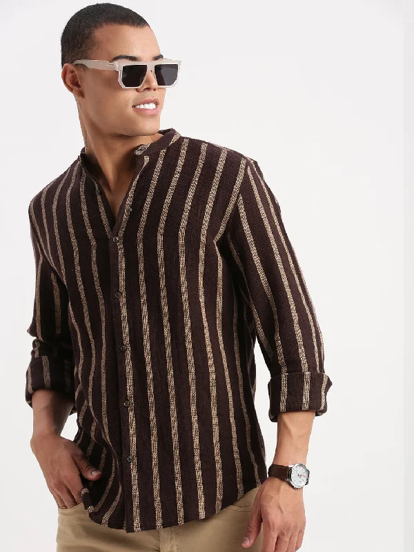 Men's Retro - Style Hawaiian Print Casual Shirts in Bold Patterns for a Tropical VacationMen Mandarin Collar Vertical Stripes Brown Shirt Men's Retro - Style Hawaiian Print Casual Shirts in Bold Patterns for a Tropical VacationMen Mandarin Collar Vertical Stripes Brown Shirt