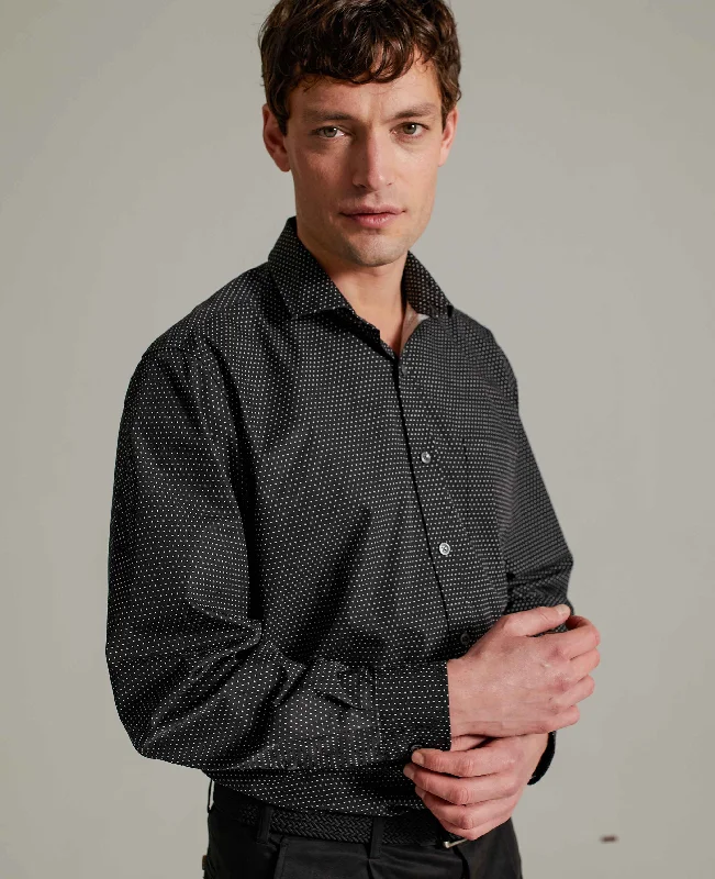 Men's Wrinkle - Resistant Polyester Blend Casual Shirts for Easy Travel and MaintenanceBlack Pinspot Printed Shirt Men's Wrinkle - Resistant Polyester Blend Casual Shirts for Easy Travel and MaintenanceBlack Pinspot Printed Shirt