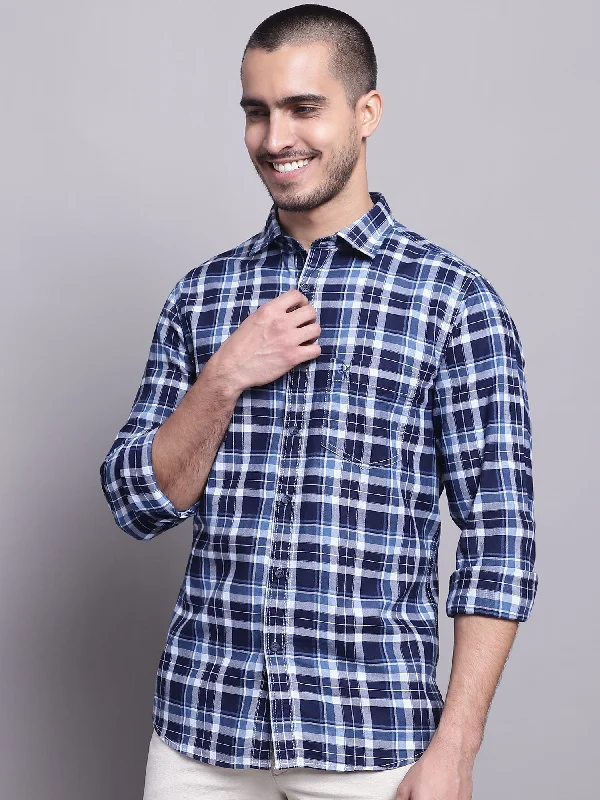 Men's Stretch - Fabric Casual Shirts in Navy Blue for a Comfortable and Flexible FitMen's Navy Blue Casual Big Checks Full Sleeve Shirt Men's Stretch - Fabric Casual Shirts in Navy Blue for a Comfortable and Flexible FitMen's Navy Blue Casual Big Checks Full Sleeve Shirt