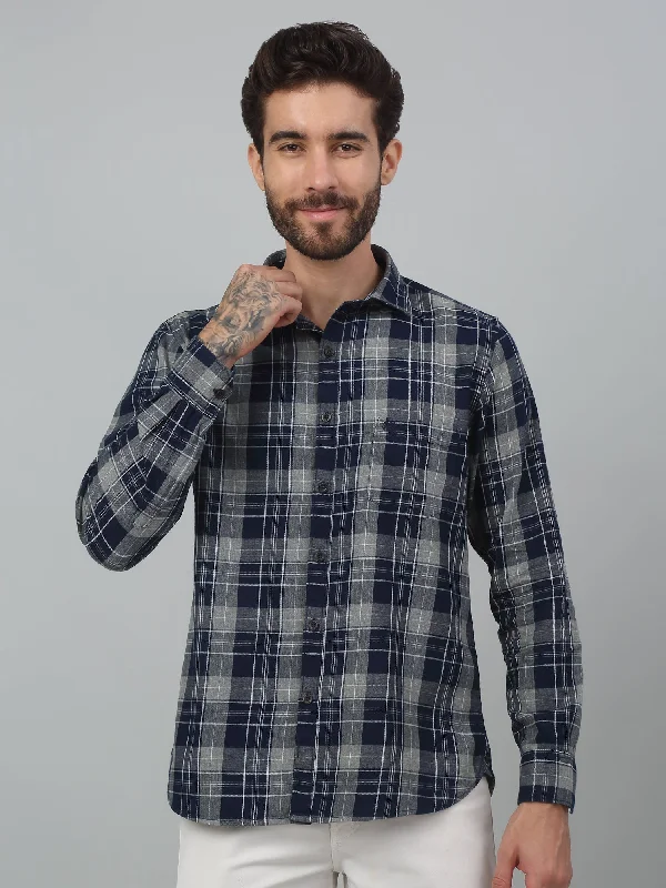 Men's Linen Blend Casual Shirts with Roll - Up Sleeves for a Summer Beach LookMen's Navy Blue Casual Big Checks Full Sleeve Shirt Men's Linen Blend Casual Shirts with Roll - Up Sleeves for a Summer Beach LookMen's Navy Blue Casual Big Checks Full Sleeve Shirt