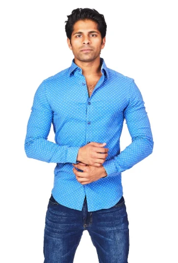Plus Size Men's Striped Chambray Casual Shirts with a Spread Collar for a Preppy AppearanceGeo Blue Athletic Fit Casual Shirt Plus Size Men's Striped Chambray Casual Shirts with a Spread Collar for a Preppy AppearanceGeo Blue Athletic Fit Casual Shirt