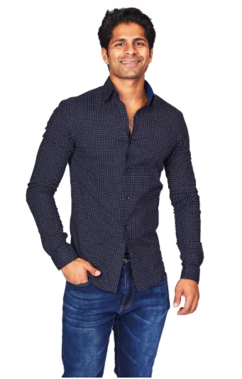 Men's Slim - Fit Printed Floral Casual Shirts in Pastel Colors for a Spring - Inspired VibeNavy Polka Dot Athletic Fit Casual Shirt Men's Slim - Fit Printed Floral Casual Shirts in Pastel Colors for a Spring - Inspired VibeNavy Polka Dot Athletic Fit Casual Shirt