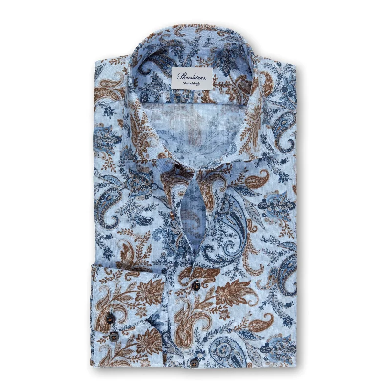 Plus Size Men's Striped Chambray Casual Shirts with a Spread Collar for a Preppy AppearanceStenstroms Light Blue Paisley Fitted Body Shirt Plus Size Men's Striped Chambray Casual Shirts with a Spread Collar for a Preppy AppearanceStenstroms Light Blue Paisley Fitted Body Shirt