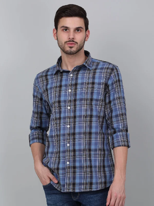 Men's Stretch - Fabric Casual Shirts in Navy Blue for a Comfortable and Flexible FitMen's Navy Blue Checkered Full Sleeve Casual Shirt Men's Stretch - Fabric Casual Shirts in Navy Blue for a Comfortable and Flexible FitMen's Navy Blue Checkered Full Sleeve Casual Shirt