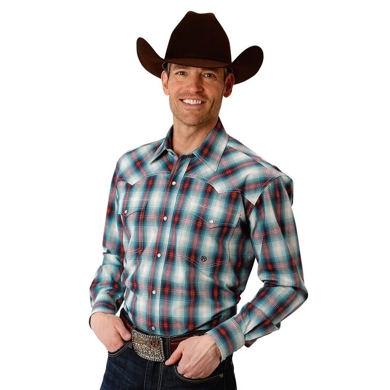 Men's Linen Blend Casual Shirts with Roll - Up Sleeves for a Summer Beach LookRoper Western Shirt Mens L/S Plaid Snap Blue 03-001-0778-1027 BU Men's Linen Blend Casual Shirts with Roll - Up Sleeves for a Summer Beach LookRoper Western Shirt Mens L/S Plaid Snap Blue 03-001-0778-1027 BU
