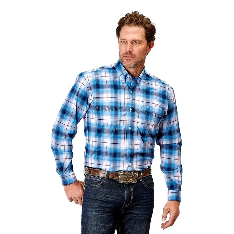 Men's Shearling - Lined Collar Casual Shirts in Brown for a Rustic and Warm AppealRoper Western Shirt Mens L/S Plaid Stretch Blue 03-001-0378-2110 BU Men's Shearling - Lined Collar Casual Shirts in Brown for a Rustic and Warm AppealRoper Western Shirt Mens L/S Plaid Stretch Blue 03-001-0378-2110 BU