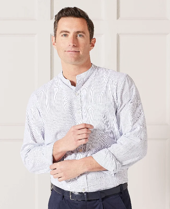 Men's Stretch - Fabric Casual Shirts in Navy Blue for a Comfortable and Flexible FitWhite Navy Stripe Linen-Blend Shirt Men's Stretch - Fabric Casual Shirts in Navy Blue for a Comfortable and Flexible FitWhite Navy Stripe Linen-Blend Shirt