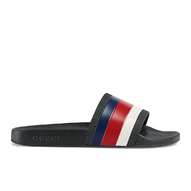 Gucci Men's Web Pursuit Rubber Pool Slide in Black Red Blue