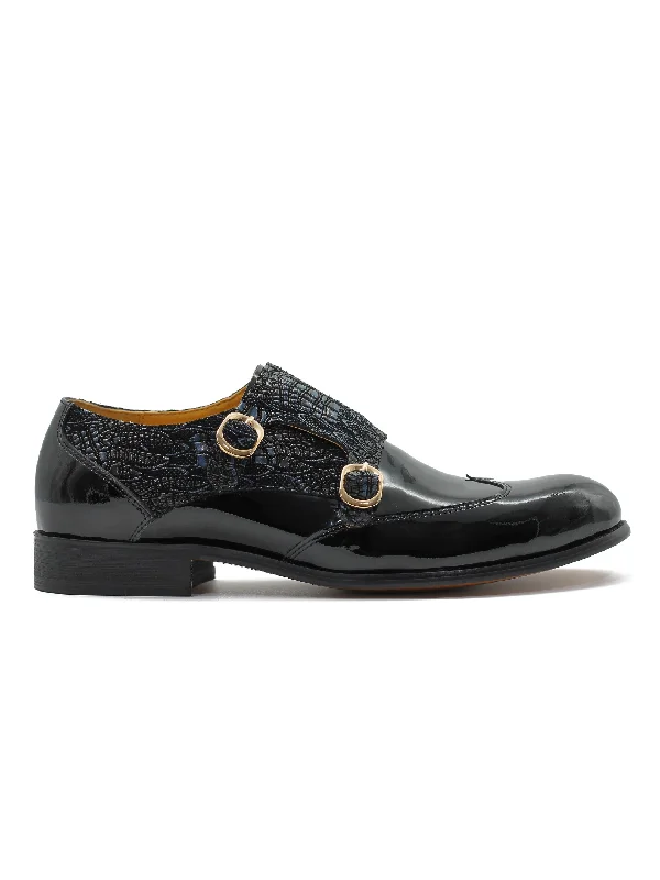 BLACK SHINY PRINTED DOUBLE MONK SHOES