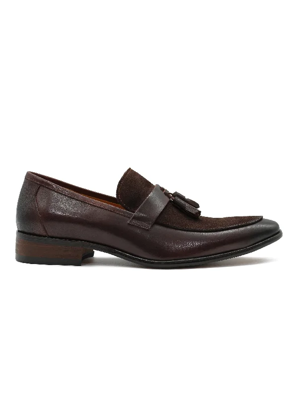 BROWN LEATHER & SUEDE TASSEL LOAFER