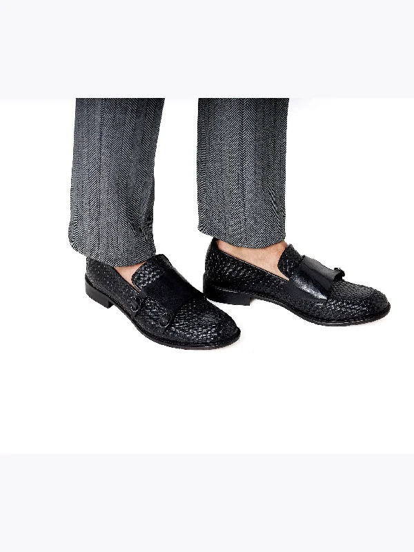 FLORENCE 2 - DOUBLE BUCKLE MONK LOAFER IN BLACK INTERWEAVE ITALIAN LEATHER