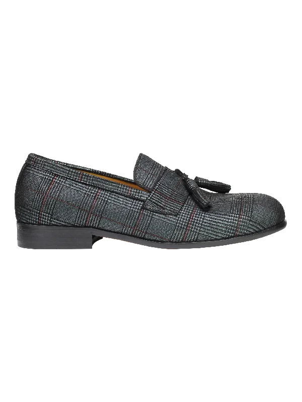 Real Blue Tweed Check Leather Loafers Black