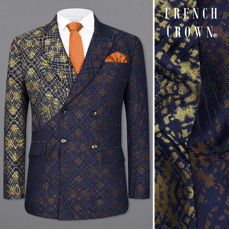 Bleached Navy Blue with Apache Gold Double Breasted Jacquard Textured Designer Blazer