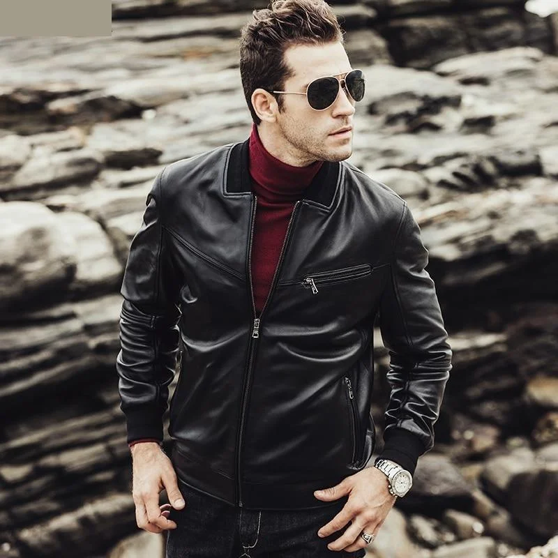 Casual Genuine Lambskin Leather Motorcycle Bomber Jackets for Men