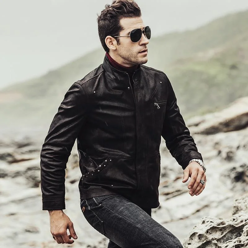 Casual Men's Autumn Winter Solid Real Leather Motorcycle Jacket