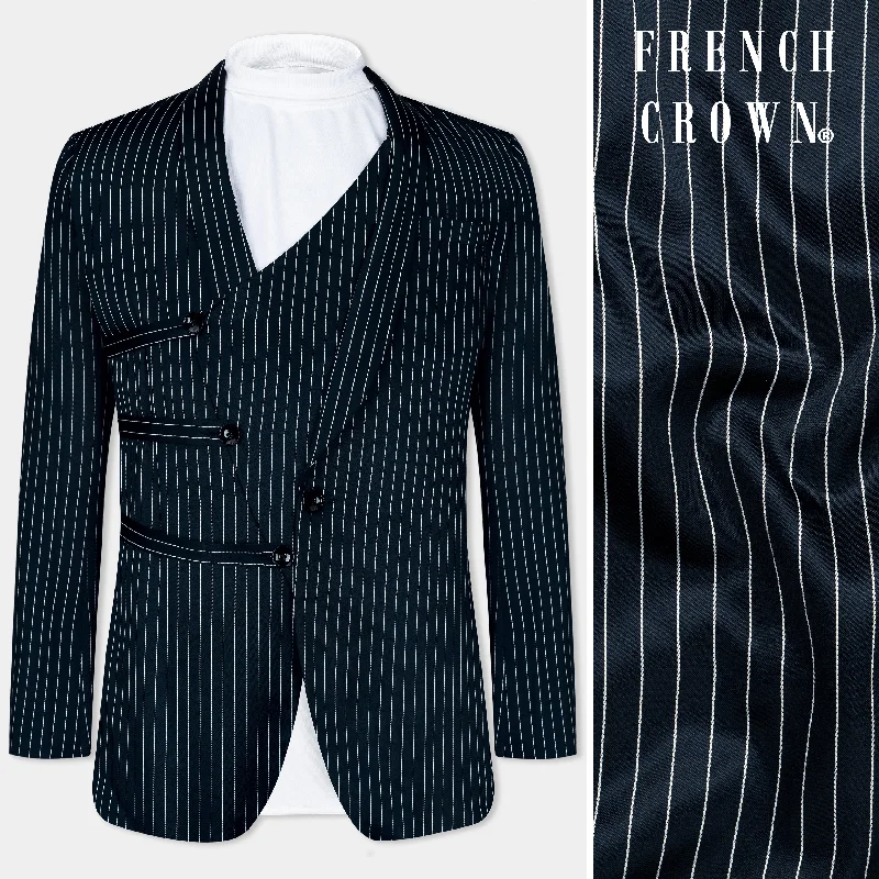 Gunmetal Blue with White Striped Wool Rich Designer Blazer