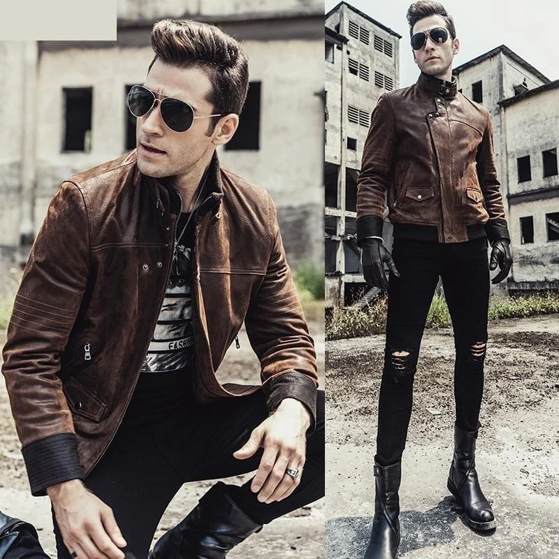 Men's Autumn Winter Warm Genuine Pigskin Leather Motorcycle Jacket