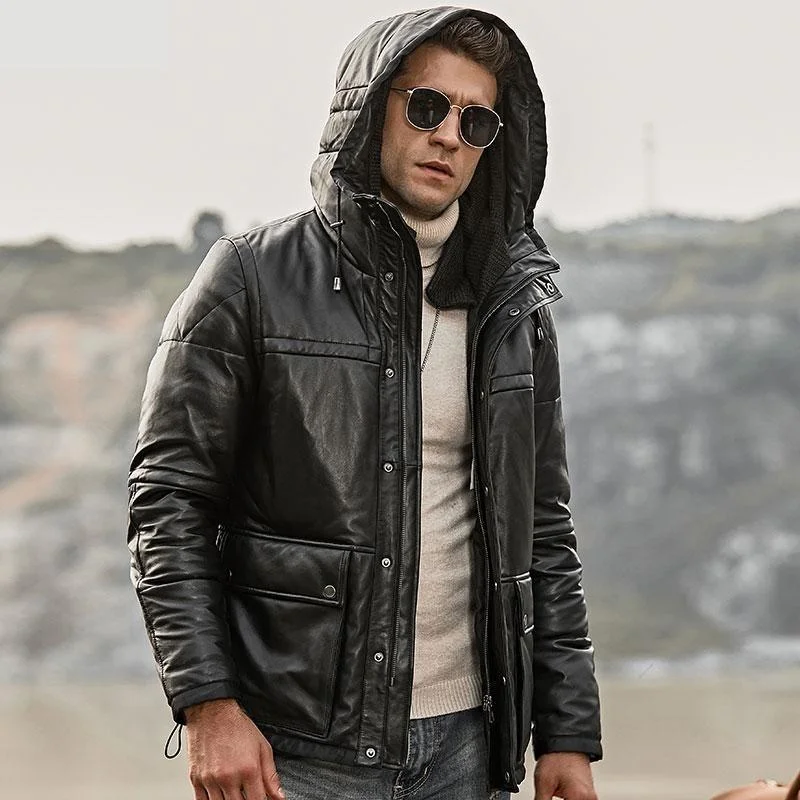 Men's Genuine Lambskin Leather Winter Warm Jacket with Removable Hood