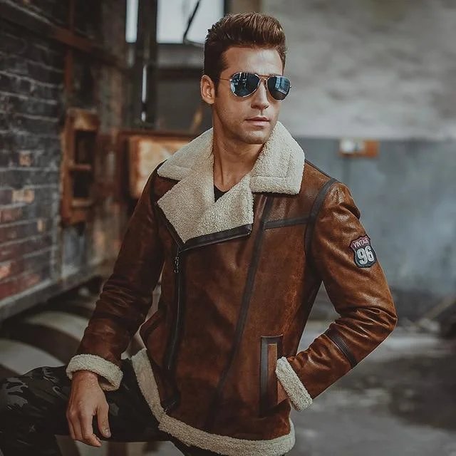 Men's Genuine Pigskin Leather Shearling Motorcycle Bomber Jackets