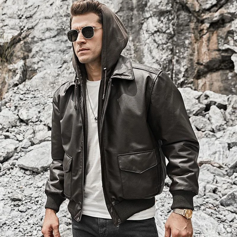 Men's Real Lambskin Leather Removable Hood Pilot Air Force Bomber Jacket