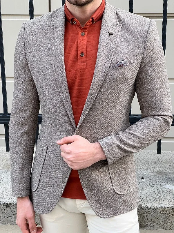 Rockford Dark Beige Slim Fit Peak Lapel Wool Blazer