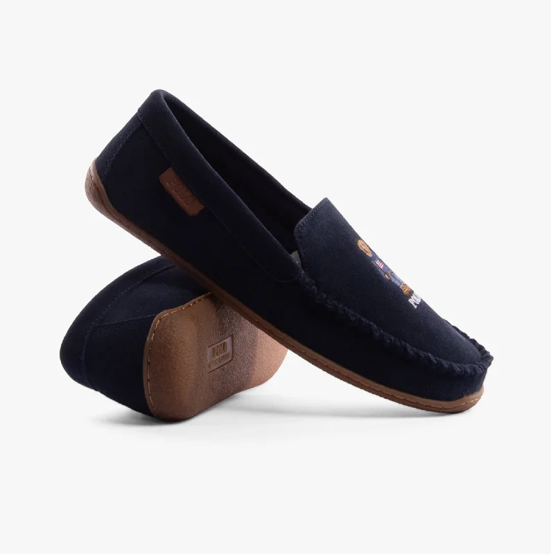 BRENAN POLO BEAR Mens Moccasin Slippers Navy Suede