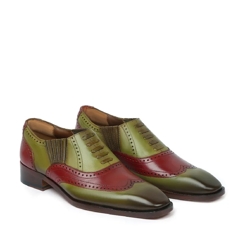 Dual Tone Wine Olive-Green Lazy Man Stylish Wingtip Punching with Fixed Lace Oxfords by Brune & Bareskin