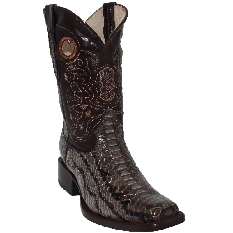 Mens Genuine Leather Python Snake Print Square Toe Cowboy Boot