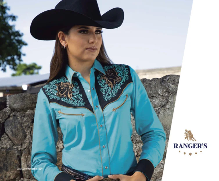 Rangers 073DA01 Womens Floral Embroidery Vaquera Western Shirt Turquoise