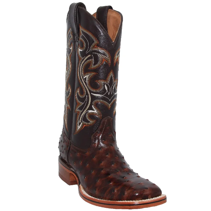 Mens Genuine Leather Ostrich Print Western Square Toe Rodeo Boots