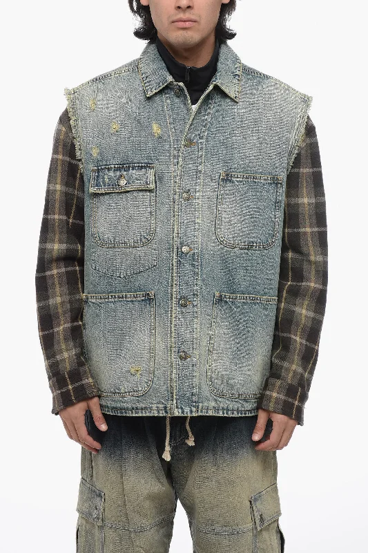 Gucci Denim Jacket With Checkered Wool Sleeves