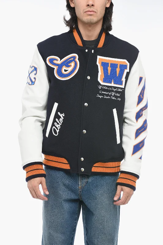 Off-White Leather Varsity Bomber with Patchwork