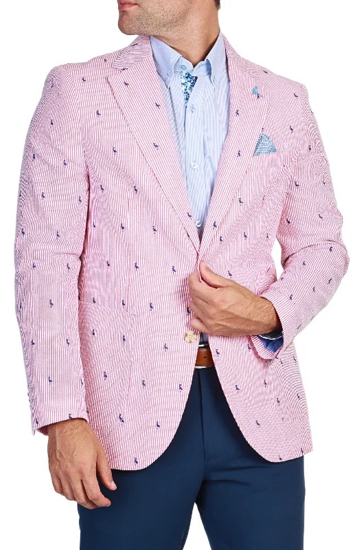 Red Seersucker Pinstripe Byrd Print Sport Coat