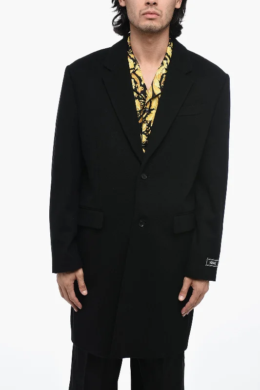 Versace Logoed Virgin Wool Coat with Notch Lapel