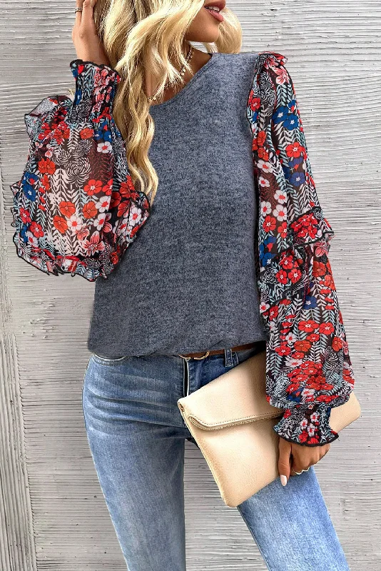 Organic Cotton Women Long Sleeve Top for Eco - Friendly ComfortBlue Ruffle Tiered Floral Sleeve Crew Neck Blouse