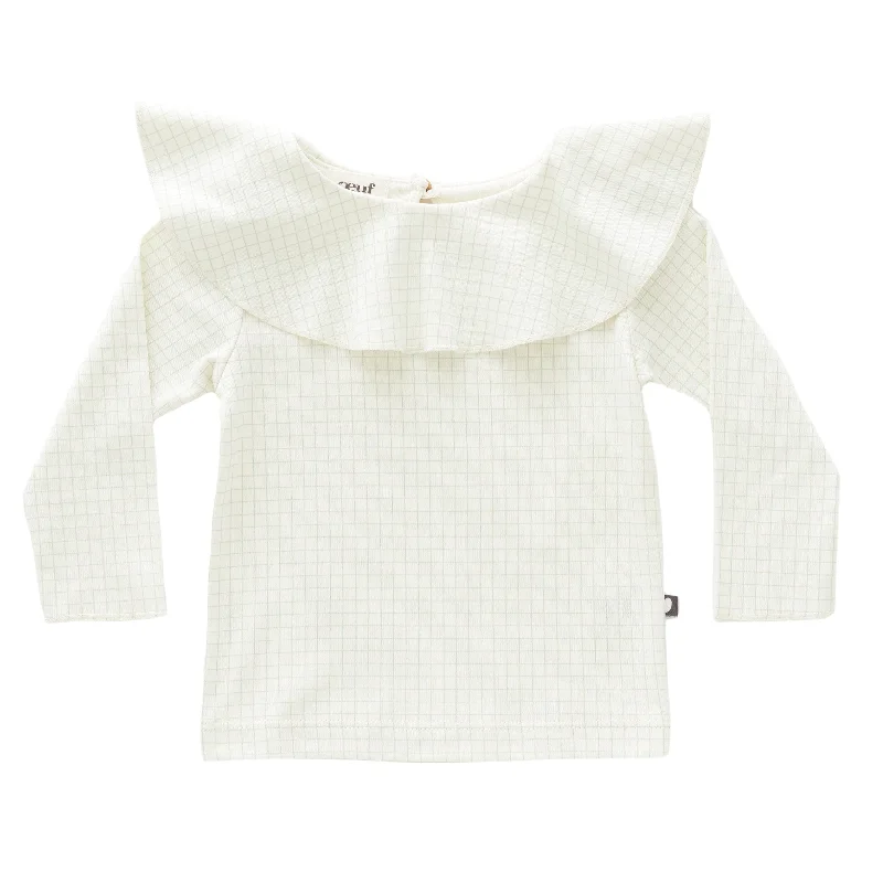 Men's short - sleeve linen t - shirts for summer beach outingsOeuf Ruffle Collar Tee White/Checks